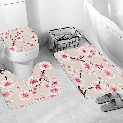 EKSED Badteppich 3 Stück Weiche saugfähige Badematten,Pink Sakura Blossom oder japanische blühende Kirschblüten,rutschfeste Badematte Teppiche & Toilettendeckelabdeckung Set Waschbar von EKSED