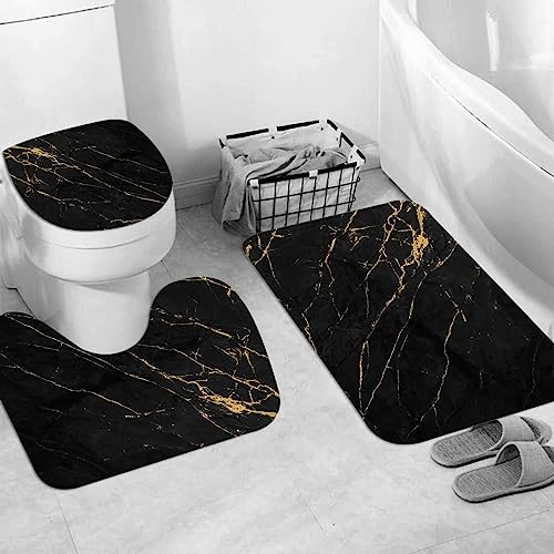 EKSED Badteppich 3 Stück Weiche saugfähige Badematten,Schwarz-Gold-Marmor-Design-Kunstwerk,rutschfeste Badematte Teppiche & Toilettendeckelabdeckung Set Waschbar von EKSED