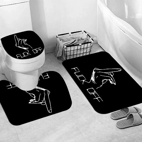 EKSED Badteppich 3 Stück Weiche saugfähige Badematten,Schwarzer Hintergrund mit weißer unhöflicher Geste und Fuck Off Words,rutschfeste Badematte Teppiche & Toilettendeckelabdeckung Set Waschbar von EKSED