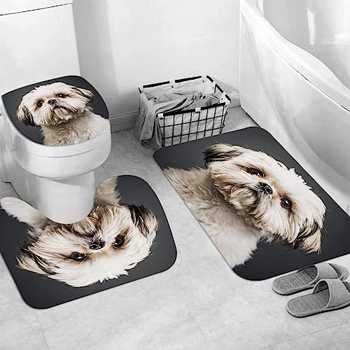 EKSED Badteppich 3 Stück Weiche saugfähige Badematten,Shih Tzu im Studio mit dunklem Hintergrundhund,rutschfeste Badematte Teppiche & Toilettendeckelabdeckung Set Waschbar von EKSED