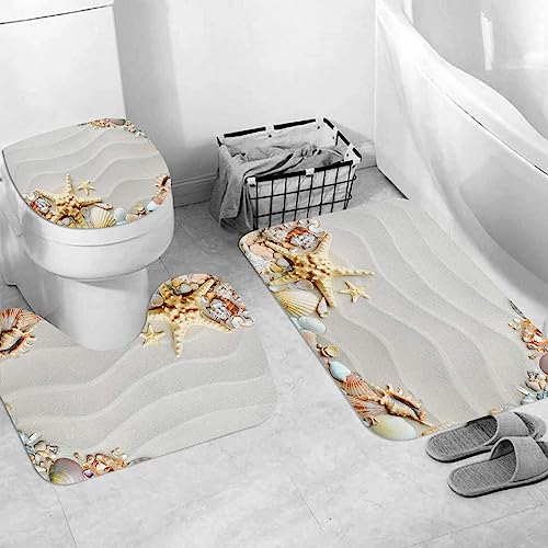 EKSED Badteppich 3 Stück Weiche saugfähige Badematten,Strand mit Seesternen und Muscheln,rutschfeste Badematte Teppiche & Toilettendeckelabdeckung Set Waschbar von EKSED