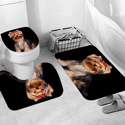 EKSED Badteppich 3 Stück Weiche saugfähige Badematten,Yorkshire-Terrier auf dem schwarzen Hintergrund isoliert,rutschfeste Badematte Teppiche & Toilettendeckelabdeckung Set Waschbar von EKSED