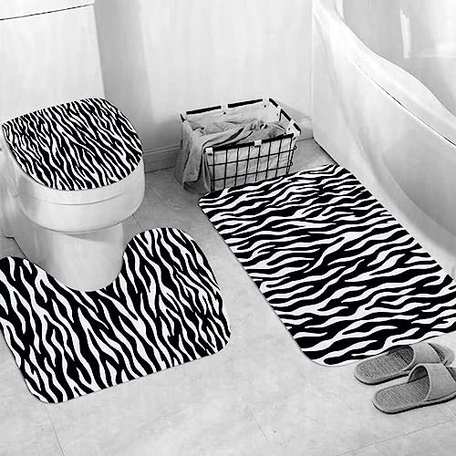 EKSED Badteppich 3 Stück Weiche saugfähige Badematten,Zebra-Haut-Muster-Entwurfs-Tierdruck,rutschfeste Badematte Teppiche & Toilettendeckelabdeckung Set Waschbar von EKSED