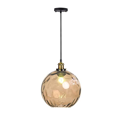 EKSED Moderne Wellen Runde Glas Kugel Pendelleuchte - Wellenförmiger Schirm Hängelampe mit Messing Aufhängung für Kücheninsel & Essbereich(Bernstein,20cm) von EKSED