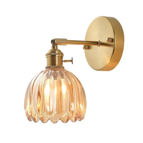 EKSED Vintage Wandleuchte aus Glas mit E27-Fassung und Drehschalter, Dekorative Wandlampe mit blütenförmigem Schirm für Schlafzimmer, Flur oder Wohnzimmer (bernsteinfarben, 1er-Pack ) von EKSED