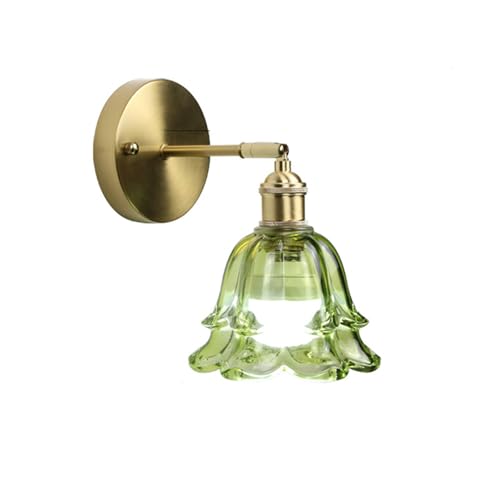 EKSED Vintage Wandleuchte mit Grüner Glasblüte und Messingarm – E27 Wandlampe für Schlafzimmer Flur Badezimmer (Gerader Arm – Glatter Blüten-Glasschirm) von EKSED