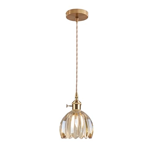 ESKED Vintage Pendelleuchte aus Glas mit E27-Fassung und Drehschalter, Deckenleuchte mit Lampenschirm in Blütenblattform, für Küche, Esszimmer oder Schlafzimmer (Bernstein, 1 Stück) von EKSED