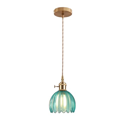 ESKED Vintage Pendelleuchte aus Glas mit E27-Fassung und Drehschalter, Deckenleuchte mit Lampenschirm in Blütenblattform, für Küche, Esszimmer oder Schlafzimmer (Blau, 1 Stück) von EKSED