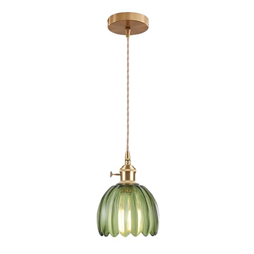 ESKED Vintage Pendelleuchte aus Glas mit E27-Fassung und Drehschalter, Deckenleuchte mit Lampenschirm in Blütenblattform, für Küche, Esszimmer oder Schlafzimmer (grün, 1 Stück) von EKSED