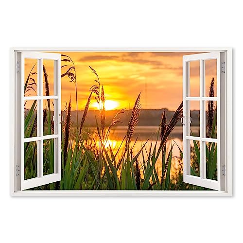 Fensterblick Leinwandbild Sonnenuntergang-See-Bild. 3D-Effekt Fensteransicht Bilder. Landschafts Druck auf Leinwand. Leinwandbilder Fensterblick Natur Wohnzimmer Dekor 80x120cm(31,5x47,2")rahmenlos von EKSED