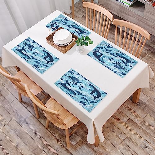 Platzset, Satz von 4 Platzsets,Fische und Meerestiere Meereswellen Delfine Haie Wale,Gewebte Vinyl-Tischsets, waschbare und langlebige Tischsets, Tischsets für den Innen- und Außenbereich von EKSED