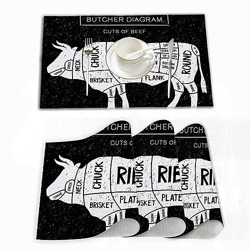 Platzset, Satz von 4 Platzsets 30x45 cm,Brisket Metzger Diagramm Fleisch Chuck Steaks Round Shortl,Gewebte Vinyl-Tischsets, waschbare und langlebige Tischsets, Tischsets für den Innen und Außenbereich von EKSED
