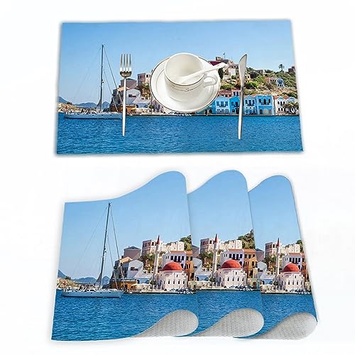 Platzset, Satz von 4 Platzsets 30x45 cm,KASTELLORIZO, Griechenland Farbenfrohe mediterrane Archite,Gewebte Vinyl-Tischsets, waschbare und langlebige Tischsets, Tischsets für den Innen und Außenbereich von EKSED