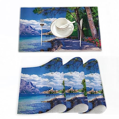 Platzset, Satz von 4 Platzsets 30x45 cm,Landschaft malerischen Lago di Garda Malcesine Italien Sto,Gewebte Vinyl-Tischsets, waschbare und langlebige Tischsets, Tischsets für den Innen und Außenbereich von EKSED