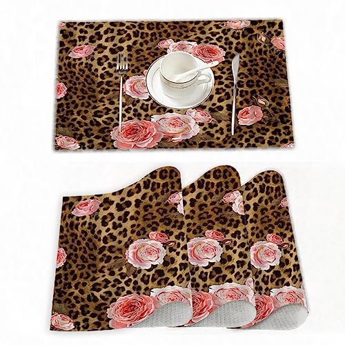 Platzset, Satz von 4 Platzsets 30x45 cm,Leopard Flower Cute Pink Rose Mix Wildtier Leopard Creativ,Gewebte Vinyl-Tischsets, waschbare und langlebige Tischsets, Tischsets für den Innen und Außenbereich von EKSED