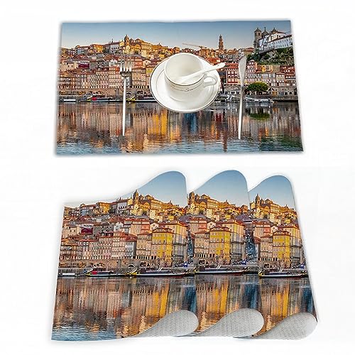 Platzset, Satz von 4 Platzsets 30x45 cm,Porto, Portugal Altstadt Skyline von der anderen Seite des,Gewebte Vinyl-Tischsets, waschbare und langlebige Tischsets, Tischsets für den Innen und Außenbereich von EKSED