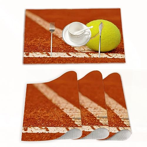 Platzset, Satz von 4 Platzsets 30x45 cm,Tennisball auf einem Tennis-Sandplatz,Gewebte Vinyl-Tischsets, waschbare und langlebige Tischsets, Tischsets für den Innen und Außenbereich von EKSED