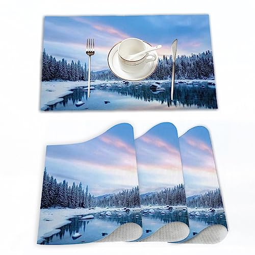 Platzset, Satz von 4 Platzsets 30x45 cm,Winter-Natur-Kiefern-Wald und schneebedeckter Bergsee-blau,Gewebte Vinyl-Tischsets, waschbare und langlebige Tischsets, Tischsets für den Innen und Außenbereich von EKSED