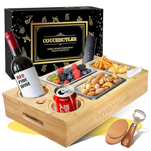 Couchbar Snackbox, Couch Tablett mit Geschenkbox, Couch Butler, Sofa Tablett mit 2 Snackschalen, Getränkehalter, Snackbar Organizer mit Flaschenöffner, Abnehmbarer Deckel für Wohnzimmer Garten Camping von EKXXHVLS