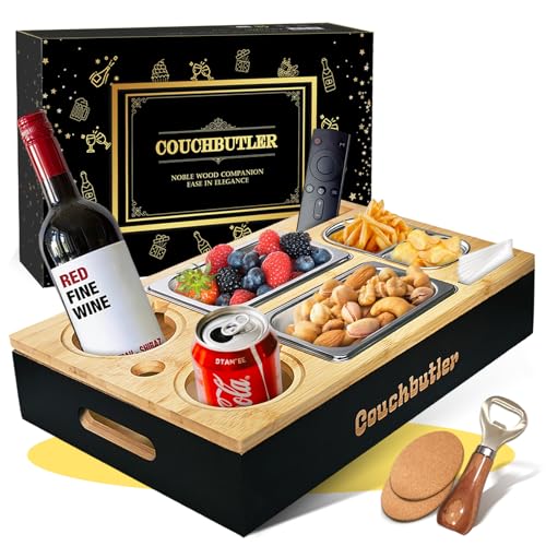Couchbar Snackbox, Couch Tablett mit Geschenkbox, Couch Butler, Sofa Tablett mit 2 Snackschalen, Getränkehalter, Snackbar Organizer mit Flaschenöffner, Abnehmbarer Deckel für Wohnzimmer Garten Camping von EKXXHVLS