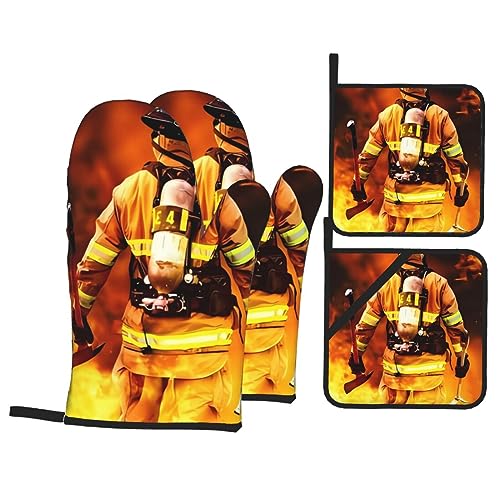 EKYOSHCZ Feuerwehr Feuerwehrmann Flamme Ofenhandschuhe und Topflappen Set Hitzebeständige Ofenhandschuhe und Topflappen BBQ Handschuhe Hot Pads Kochhandschuhe für Küche Backen Grillen 4-teiliges Set von EKYOSHCZ