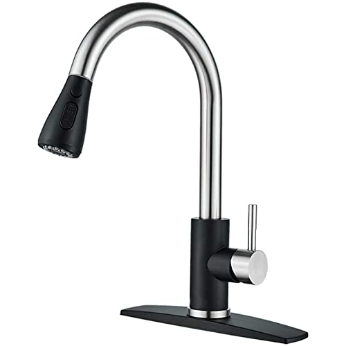 Ausziehbarer Küchenhahn, 360° schwenkbarer Küchenspülenhahn mit 2-Funktions-Sprüher, Einhebel-Ein- oder Dreiloch-Mischbatterie aus Edelstahl for Warm- und Kaltwasser(Black Silver) von EKsma