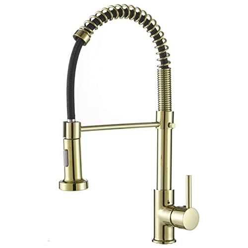 Ausziehbarer Küchenhahn, Einhebel-Feder-Küchenspülenhahn mit 2-Funktions-Sprüher, Einloch-Mischbatterie aus massivem Messing mit heißem und kaltem Wasser(Gold) von EKsma