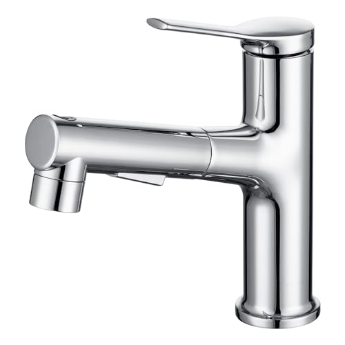 Badezimmer-Wasserhahn mit ausziehbarer Brause, Badezimmer-Einhebelmischer mit einem Loch, Waschtisch, Bar, Wohnmobil-Waschbecken-Wasserhahn mit herunterziehbarem Sprühkopf(Chrome) von EKsma