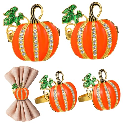 ELAYARD 4 Stück Herbstliche Serviettenringe Kürbisform Orange Goldfarben Dekorative Serviettenhalter für Erntedankfest Tischdekoration Elegant Vielseitig Einsetzbar von ELAYARD