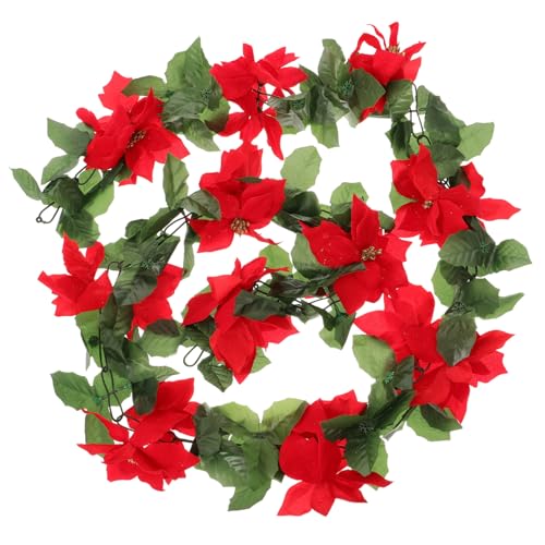 ELAYARD Weihnachtsdeko Girlande mit Künstlichen Roten Blüten Robuste Rattan Dekoration für Fenster Wand Tür Natürliche Weihnachtsblumen Girlande für Festliche Stimmung von ELAYARD