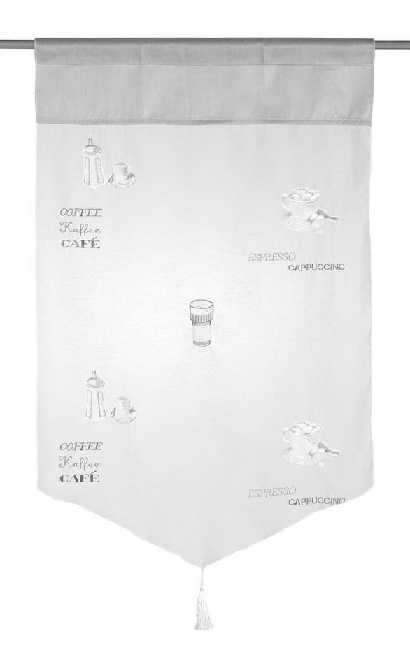 Scheibengardine Scheibengardine Espresso transparent Stickerei weiß grau 60x90cm (BxH), ELBERSDRUCKE, (1 St), leicht perforiert, Kunstfaser, bestickt, pflegeleicht von ELBERSDRUCKE