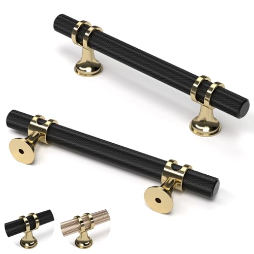 ELEBUILD 5 Stück, 96 mm (3.75 Zoll), SchwarzGoldene Schrankgriffe, T-Bar moderne Küchengriffe, Möbelgriffe von ELEBUILD