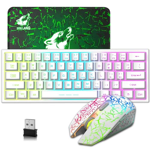 LexonElec 2.4GHz Tastatur Maus Gaming Set Kabellos Beleuchtet, 61 Tasten Regenbogen 3800mAh Wederaufladbare Mechanische Feel Tastatur, 2400 DPI Regenbogenlicht-LED 6 Tasten Maus, Kompatibel PC - Weiß von LexonElec