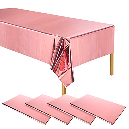 ELECLAND 4 Stück Kunststoff Rose Gold Tischdecken, Metallic Rose Gold Kunststoff Tischdecke 137 x 274 cm Rechteckige Rose Gold Folie Tischdecke für Hochzeit, Babyparty, Geburtstag Party Dekoration von ELECLAND