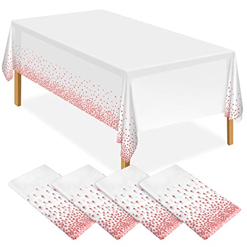 ELECLAND Party-Tischdecke aus Kunststoff in Weiß und Roségold, 137 x 274 cm, rotgoldfarbene Punkte, rechteckige Party-Tischdecke für Picknick, Babyparty, Hochzeit, Geburtstagsdekoration, 4 Stück von ELECLAND