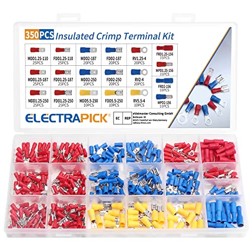 ELECTRAPICK 350tlg Kabelschuhe Set, Steckverbinder, Quetschverbinder Sortiment, Stoßverbinder, Flachstecker, Ringschuhe für 0,50-6,00 mm² elektrischen Draht, 19 Typen von ELECTRAPICK