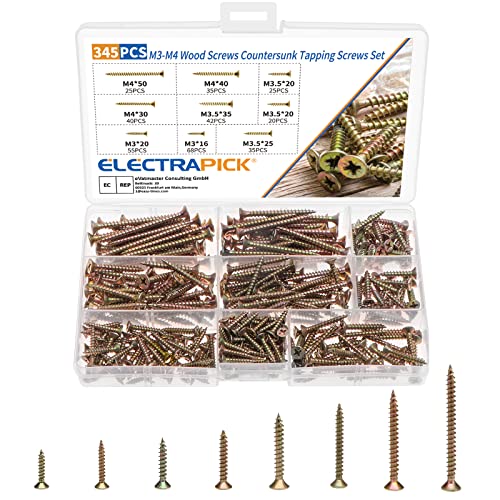 ELECTRAPICK Spanplattenschrauben 345 Stück Holzschrauben, Selbstschneidende Schrauben Set, Kreuz Flachkopf Senkkopf Betonschrauben Verzinkung, 4x50 4x40 4x30 3,5x35 3,5x30 3,5x25 3x20 3x16mm von ELECTRAPICK