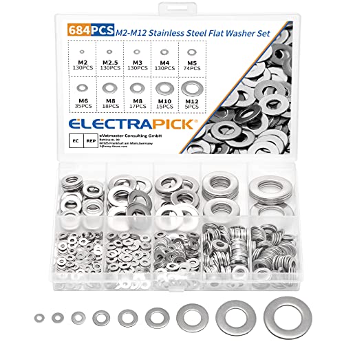 electrapick 684 Stück Flach Unterlegscheiben, Edelstahl Beilagscheiben mit 9 Größen Karosseriescheiben Sicherungsscheiben Sortiment Set (M2 M2.5 M3 M4 M5 M6 M8 M10 M12) von ELECTRAPICK