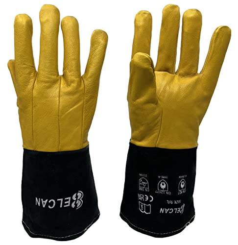 ELCAN Professional ergonomische Schweißhandschuhe aus gelbem und schwarzem Leder, flammhemmend, hitzebeständig, für Schweißelektroden, WIG, MIG, MAG, Grillen, Gartenarbeit, Kamine, Brennholz, Öfen... von ELECTROMECANICA CANTABRIA ELCAN