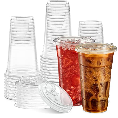 ELEGANT DISPOSABLES 680 ml, transparente Becher mit Strohhalm-freien Trinkdeckeln, PET, kristallklare Einweg-Kaffeetassen mit Deckel, 680 ml, 50 Sets von ELEGANT DISPOSABLES