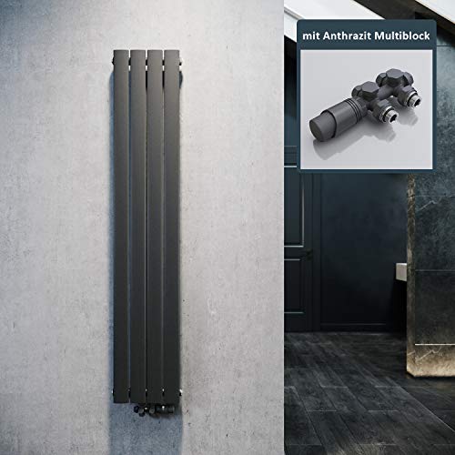 ELEGANT Design Heizkörper Flach 1600x308mm mit Anthrazit Multiblock Thermostat Flachheizkörper Anthrazit Einlagig Vertikal Heizkörper Mittelanschluss von ELEGANT