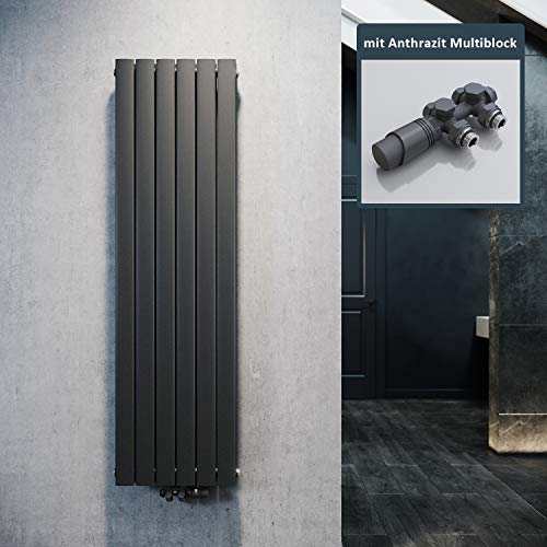 ELEGANT Design Heizkörper Flach 1600x462mm mit Anthrazit Multiblock Thermostat Flachheizkörper Anthrazit Doppellagig Vertikal Heizkörper Mittelanschluss von ELEGANT