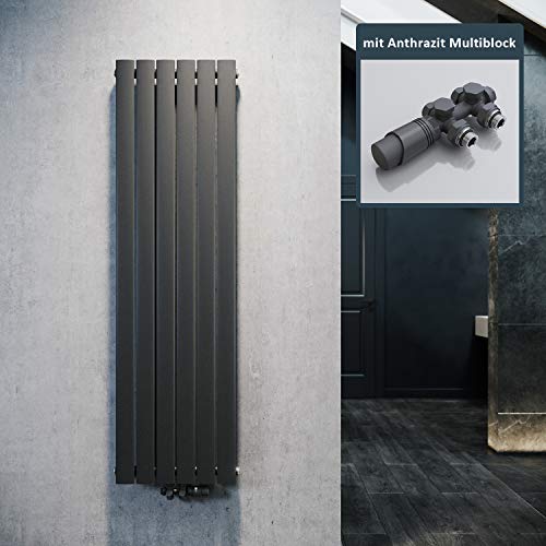 ELEGANT Design Heizkörper Flach 1600x462mm mit Anthrazit Multiblock Thermostat Flachheizkörper Anthrazit Einlagig Vertikal Heizkörper Mittelanschluss von ELEGANT