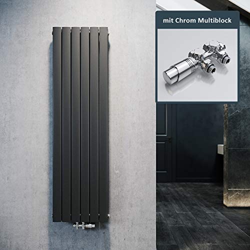 ELEGANT Design Heizkörper Flach 1600x462mm mit Chrom Multiblock Thermostat Flachheizkörper Anthrazit Doppellagig Vertikal Heizkörper Mittelanschluss von ELEGANT
