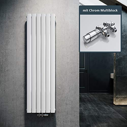 ELEGANT Design Heizkörper Flach 1600x462mm mit Chrom Multiblock Thermostat Flachheizkörper Weiß Doppellagig Vertikal Heizkörper Mittelanschluss von ELEGANT