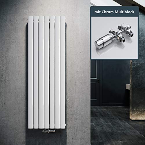 ELEGANT Design Heizkörper Flach 1600x539mm mit Chrom Multiblock Thermostat Flachheizkörper Weiß Einlagig Vertikal Heizkörper Mittelanschluss von ELEGANT