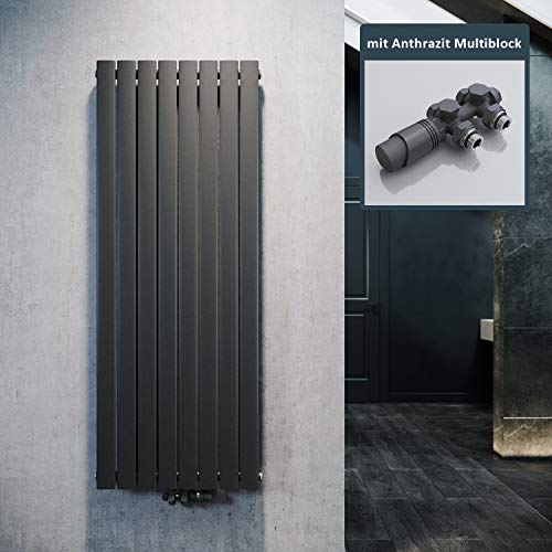 ELEGANT Design Heizkörper Flach 1600x616mm mit Anthrazit Multiblock Thermostat Flachheizkörper Anthrazit Einlagig Vertikal Heizkörper Mittelanschluss von ELEGANT