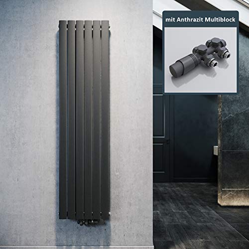 ELEGANT Design Heizkörper Flach 1800x462mm mit Anthrazit Multiblock Thermostat Flachheizkörper Anthrazit Einlagig Vertikal Heizkörper Mittelanschluss von ELEGANT