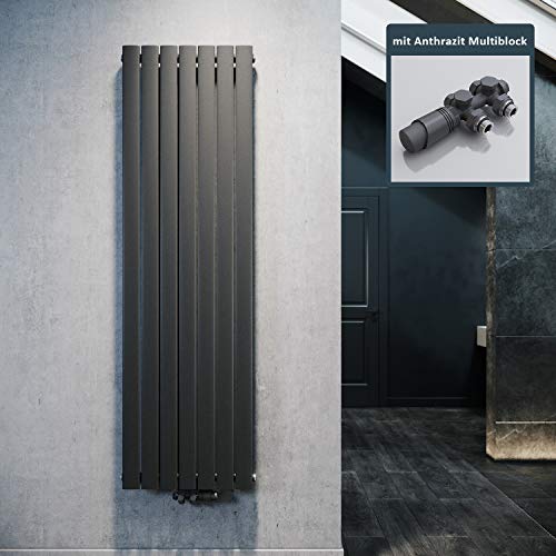 ELEGANT Design Heizkörper Flach 1800x539mm mit Anthrazit Multiblock Thermostat Flachheizkörper Anthrazit Einlagig Vertikal Heizkörper Mittelanschluss von ELEGANT