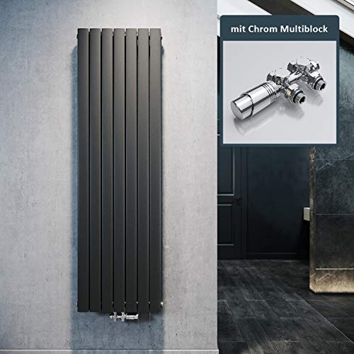 ELEGANT Design Heizkörper Flach 1800x539mm mit Chrom Multiblock Thermostat Flachheizkörper Anthrazit Doppellagig Vertikal Heizkörper Mittelanschluss von ELEGANT